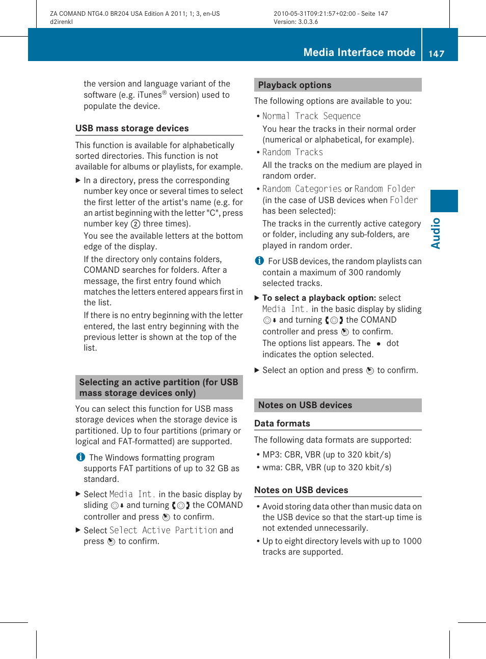 Audio, Media interface mode | Mercedes-Benz GLK-Class 2011 COMAND Manual User Manual | Page 149 / 190