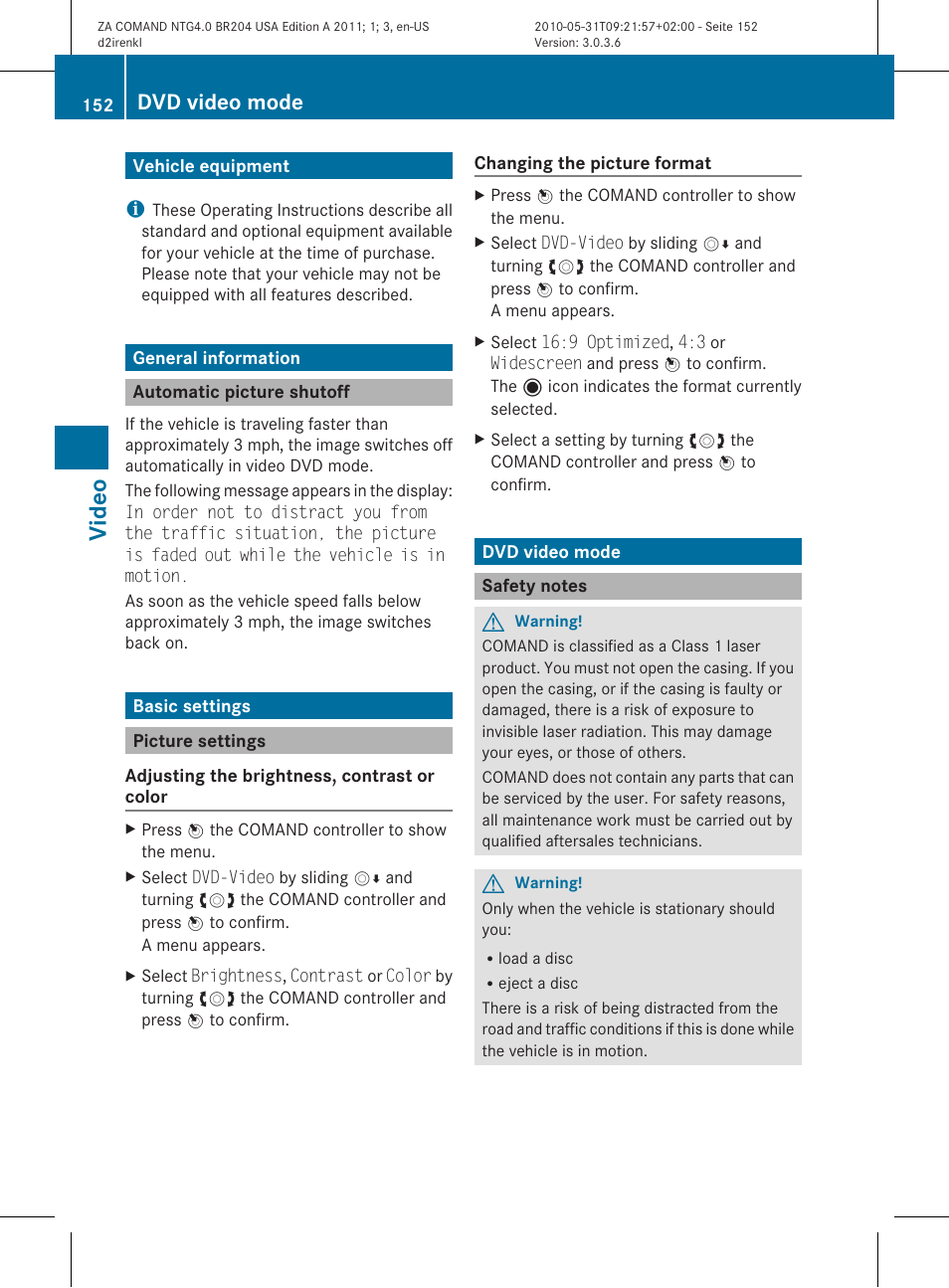 Video, Dvd video mode | Mercedes-Benz GLK-Class 2011 COMAND Manual User Manual | Page 154 / 190
