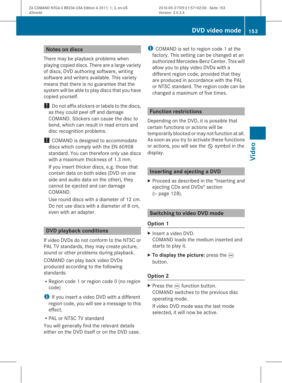Vide o, Dvd video mode | Mercedes-Benz GLK-Class 2011 COMAND Manual User Manual | Page 155 / 190