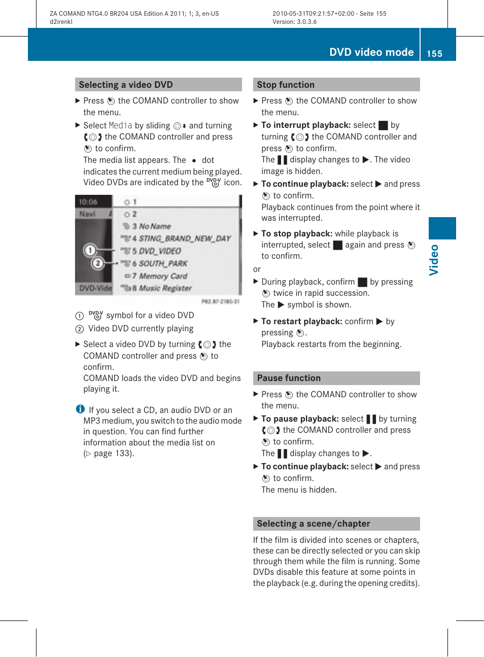 Vid eo, Dvd video mode | Mercedes-Benz GLK-Class 2011 COMAND Manual User Manual | Page 157 / 190