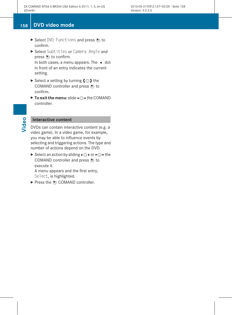 Video, Dvd video mode | Mercedes-Benz GLK-Class 2011 COMAND Manual User Manual | Page 160 / 190
