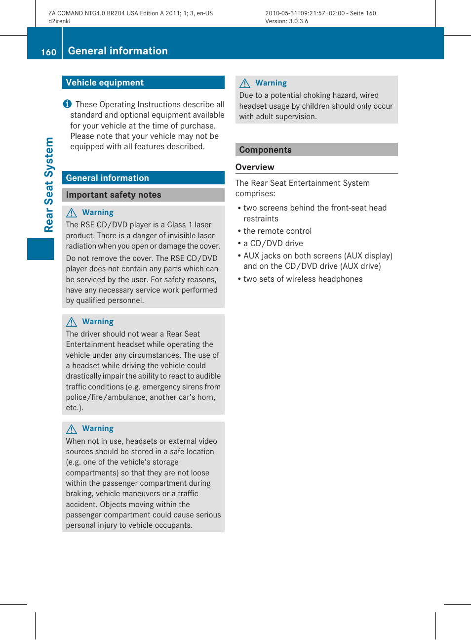 Rea rse at sy ste m, General information | Mercedes-Benz GLK-Class 2011 COMAND Manual User Manual | Page 162 / 190