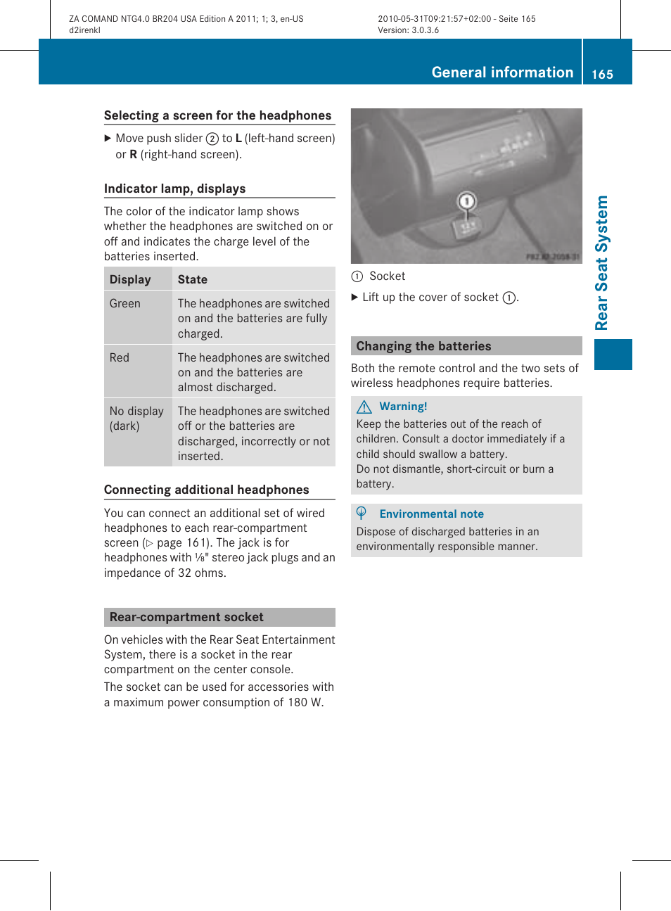 Rear seat system, General information | Mercedes-Benz GLK-Class 2011 COMAND Manual User Manual | Page 167 / 190
