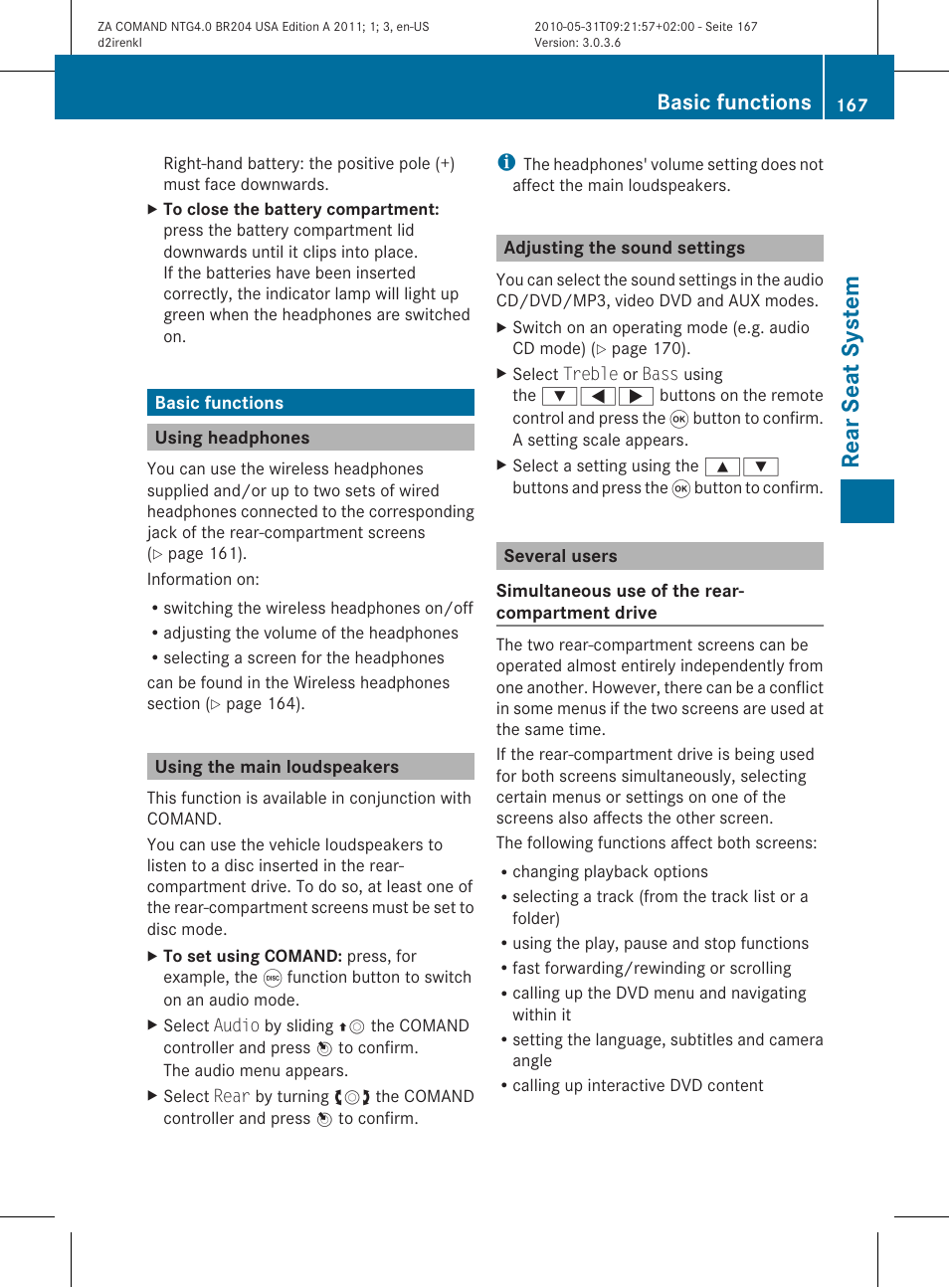 Rear seat system, Basic functions | Mercedes-Benz GLK-Class 2011 COMAND Manual User Manual | Page 169 / 190