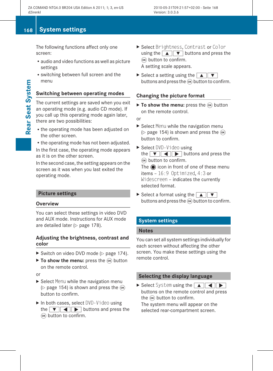 Rear seat system, System settings | Mercedes-Benz GLK-Class 2011 COMAND Manual User Manual | Page 170 / 190