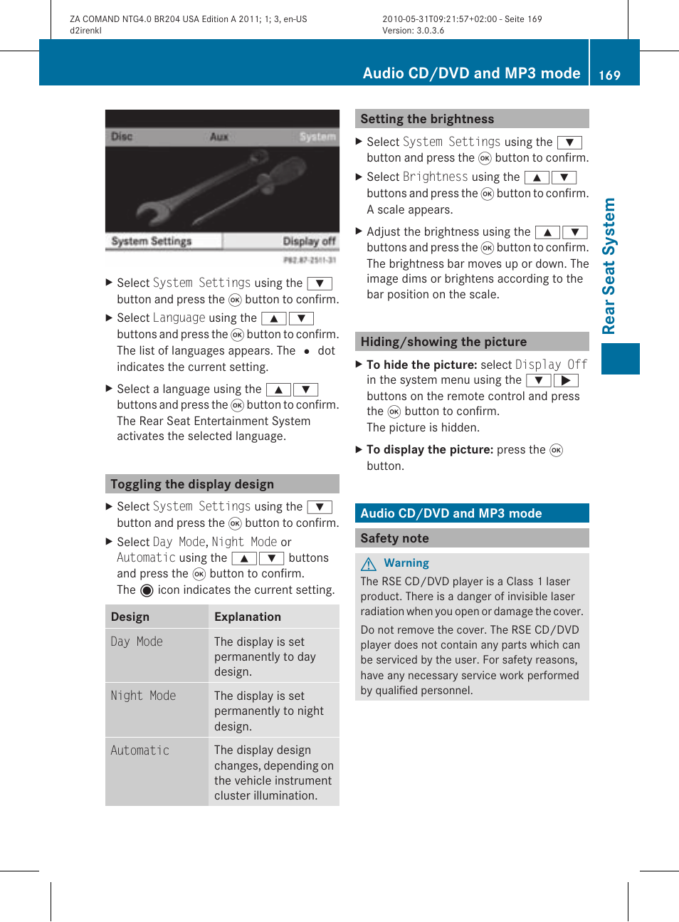 Rear seat system, Audio cd/dvd and mp3 mode | Mercedes-Benz GLK-Class 2011 COMAND Manual User Manual | Page 171 / 190