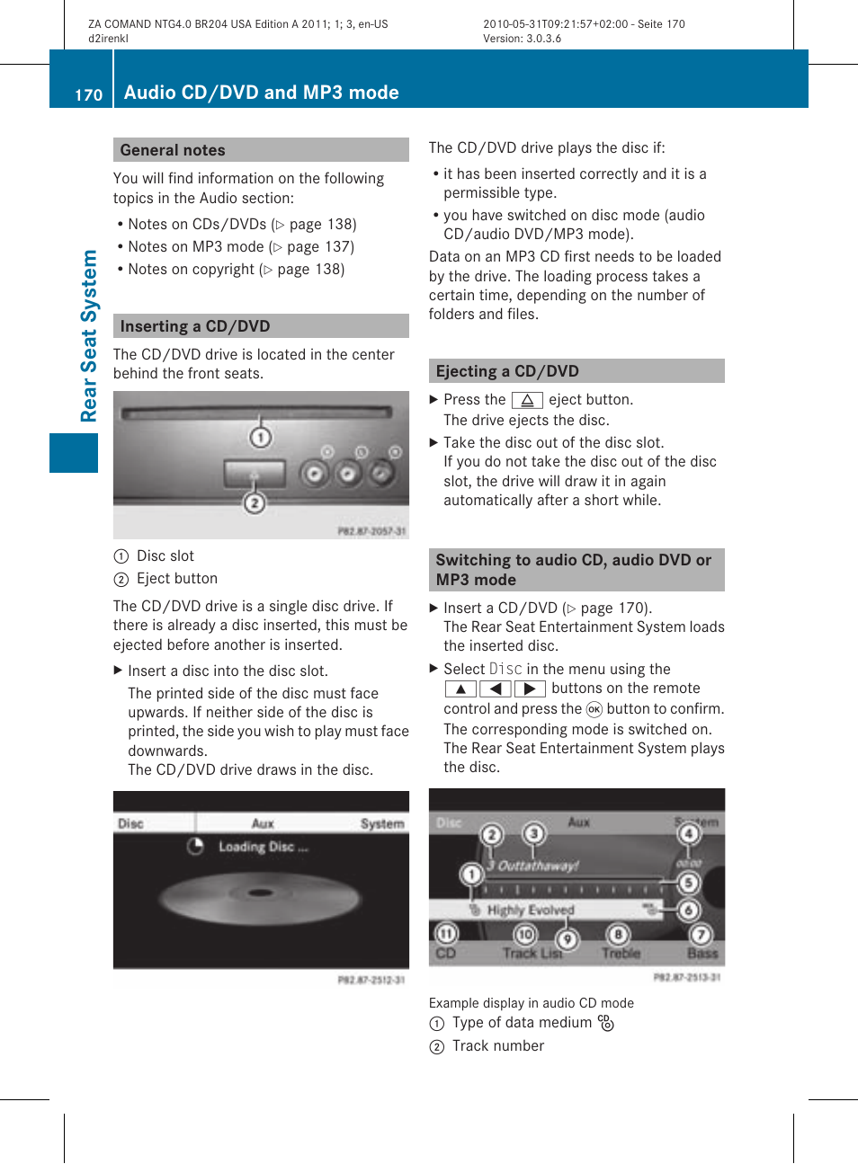 Rear seat system, Audio cd/dvd and mp3 mode | Mercedes-Benz GLK-Class 2011 COMAND Manual User Manual | Page 172 / 190