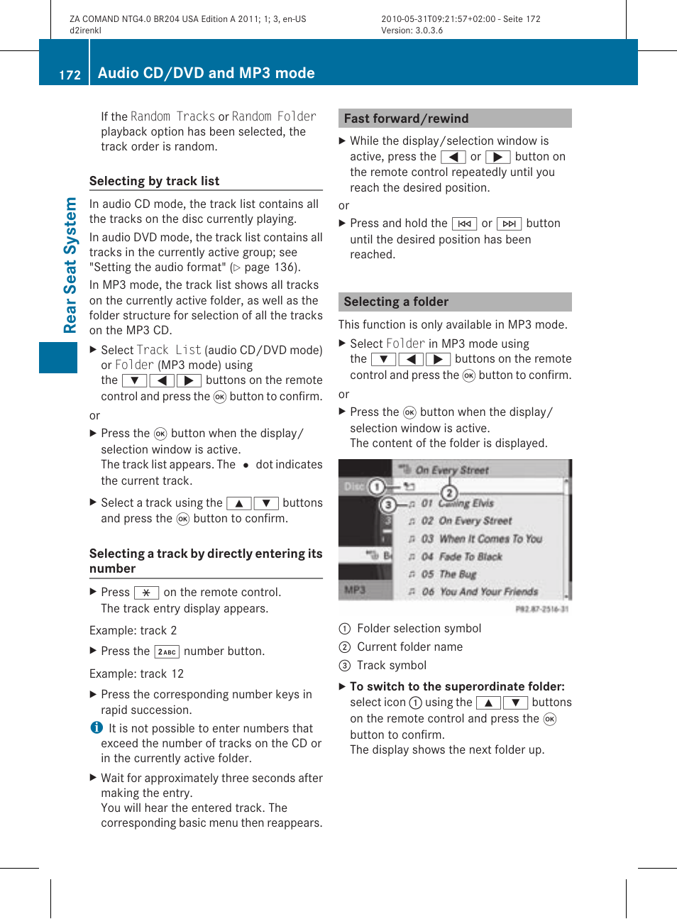 Rear seat system, Audio cd/dvd and mp3 mode | Mercedes-Benz GLK-Class 2011 COMAND Manual User Manual | Page 174 / 190