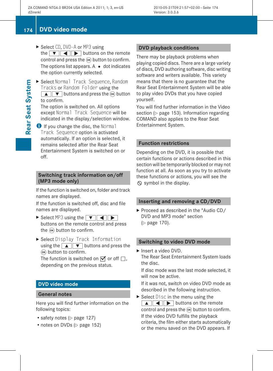 Re ar se at sy ste m, Dvd video mode | Mercedes-Benz GLK-Class 2011 COMAND Manual User Manual | Page 176 / 190