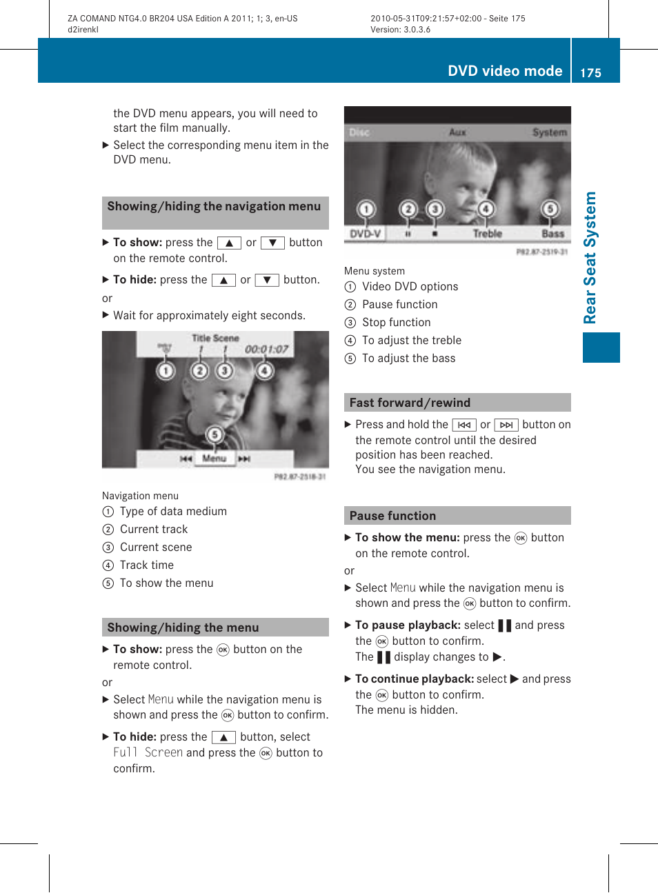 Rear seat system, Dvd video mode | Mercedes-Benz GLK-Class 2011 COMAND Manual User Manual | Page 177 / 190