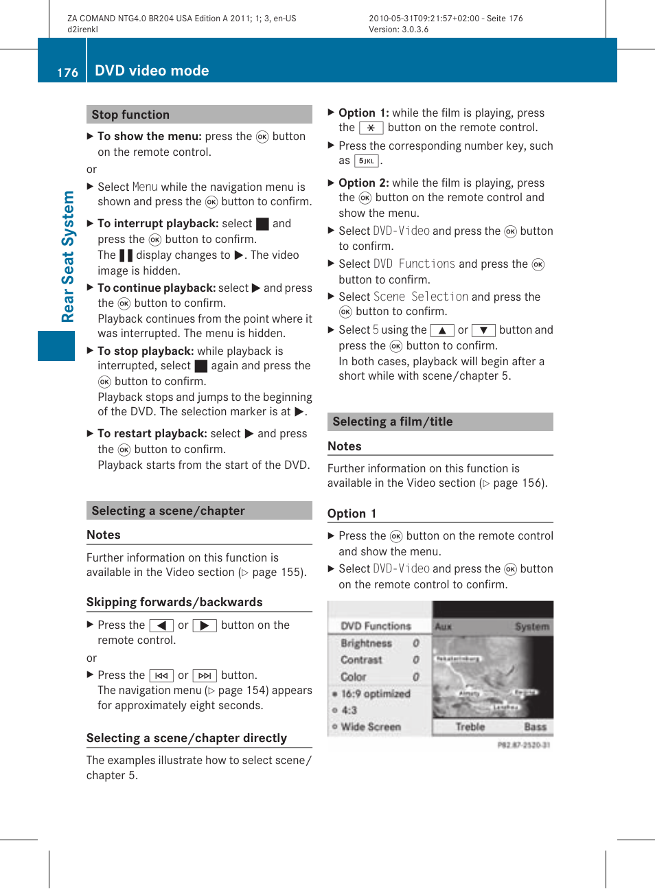 Rea rseat syst em, Dvd video mode | Mercedes-Benz GLK-Class 2011 COMAND Manual User Manual | Page 178 / 190