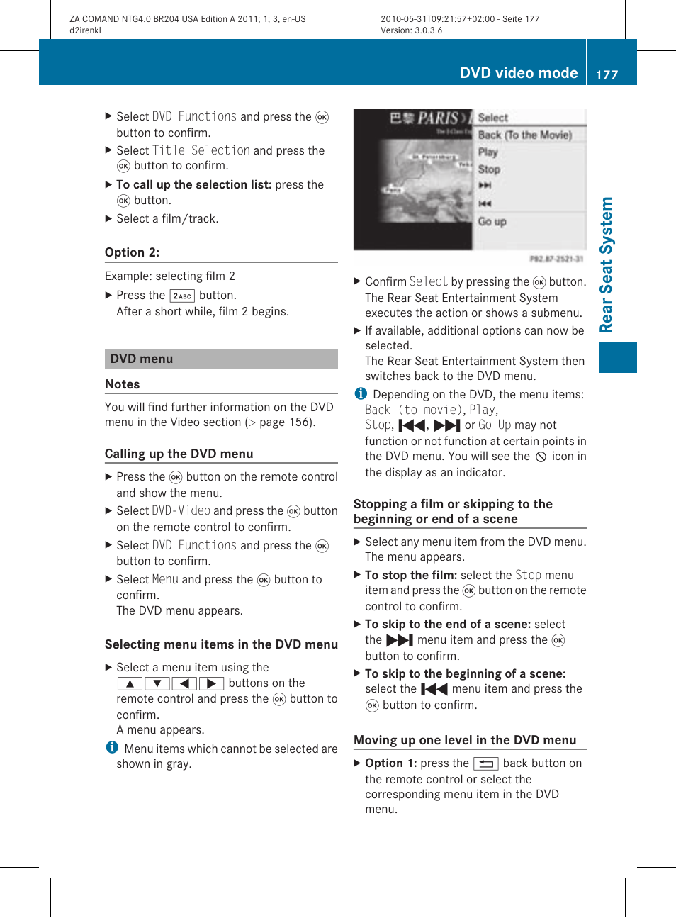 Rear seat system, Dvd video mode | Mercedes-Benz GLK-Class 2011 COMAND Manual User Manual | Page 179 / 190