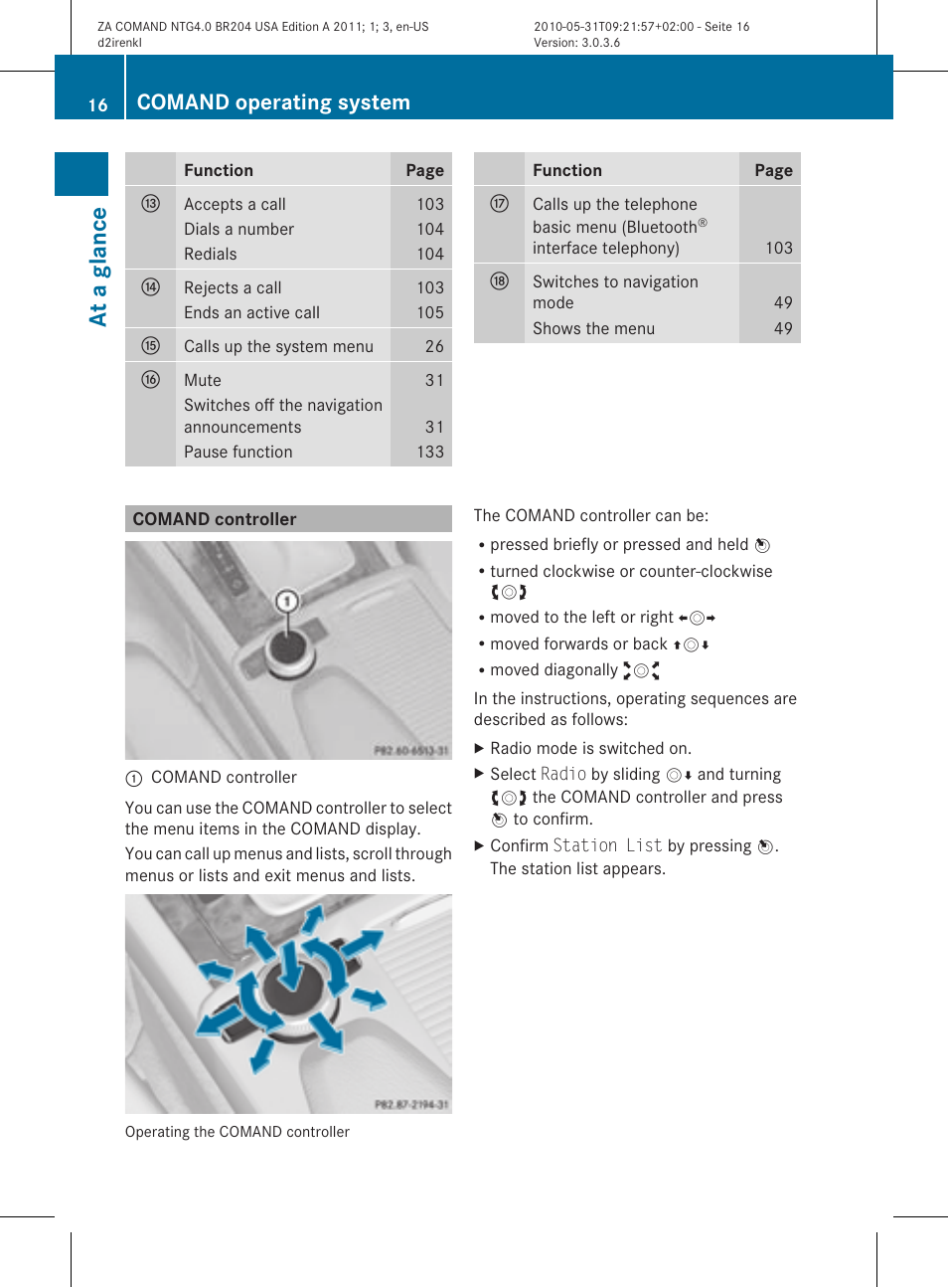 At a glance, Comand operating system | Mercedes-Benz GLK-Class 2011 COMAND Manual User Manual | Page 18 / 190