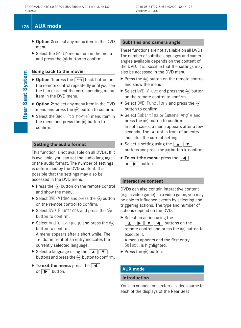Rear seat system, Aux mode | Mercedes-Benz GLK-Class 2011 COMAND Manual User Manual | Page 180 / 190