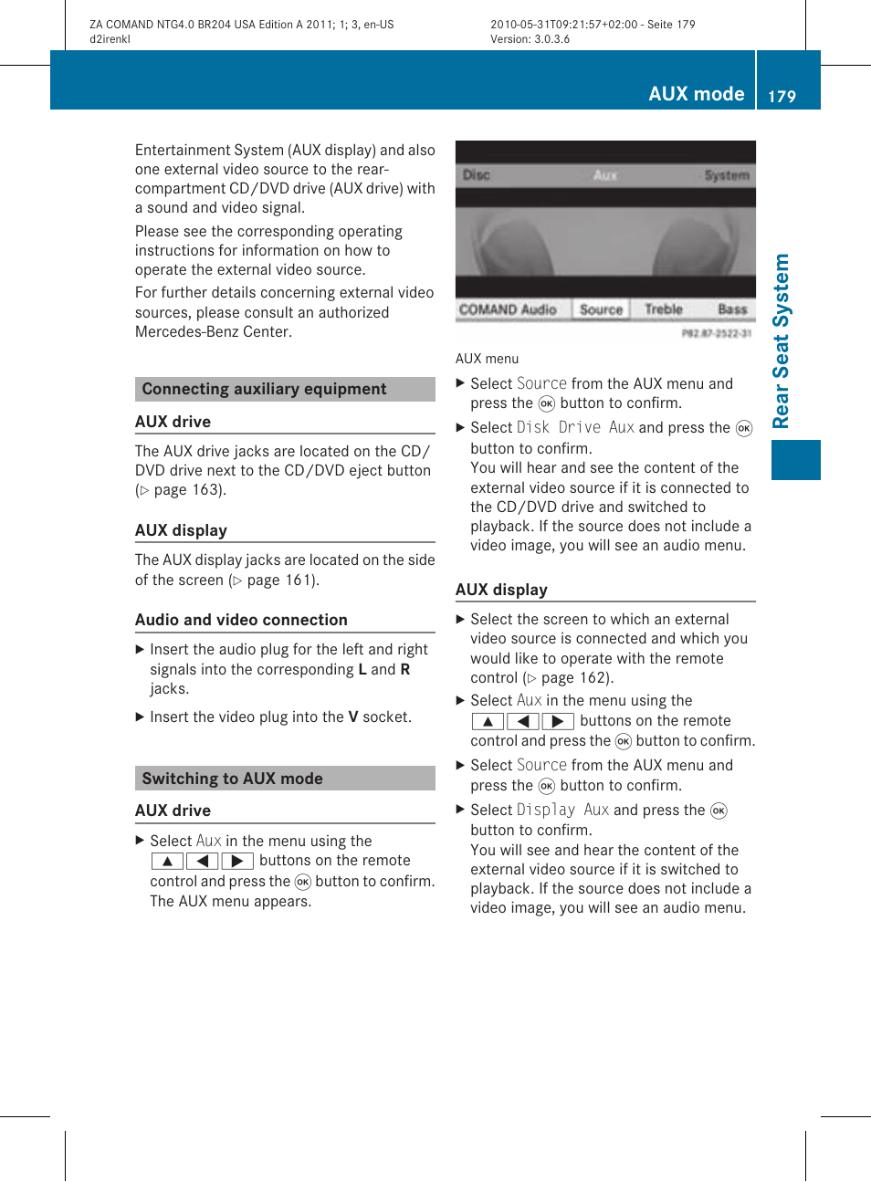 Rear seat system, Aux mode | Mercedes-Benz GLK-Class 2011 COMAND Manual User Manual | Page 181 / 190