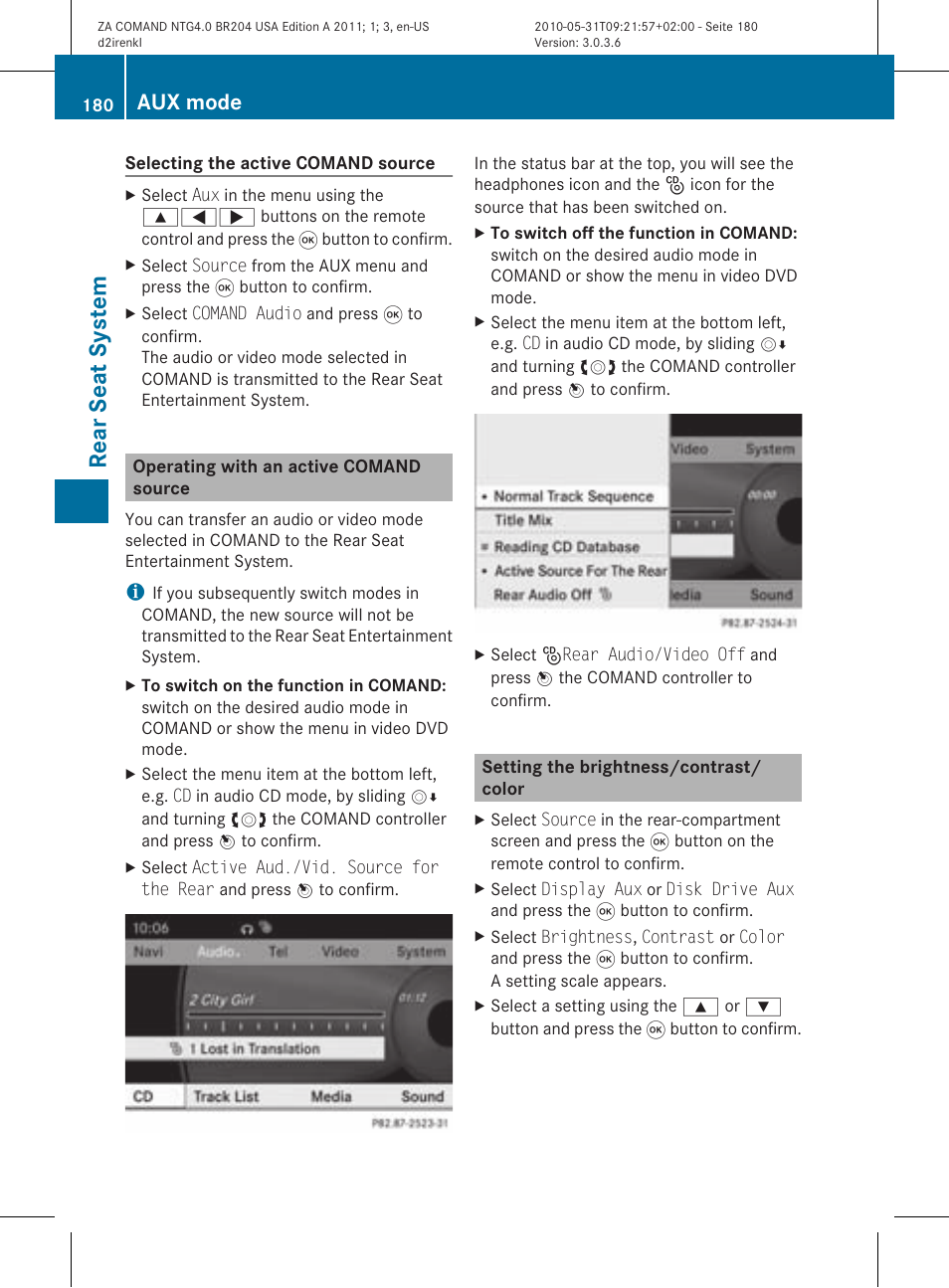 Rear seat system, Aux mode | Mercedes-Benz GLK-Class 2011 COMAND Manual User Manual | Page 182 / 190