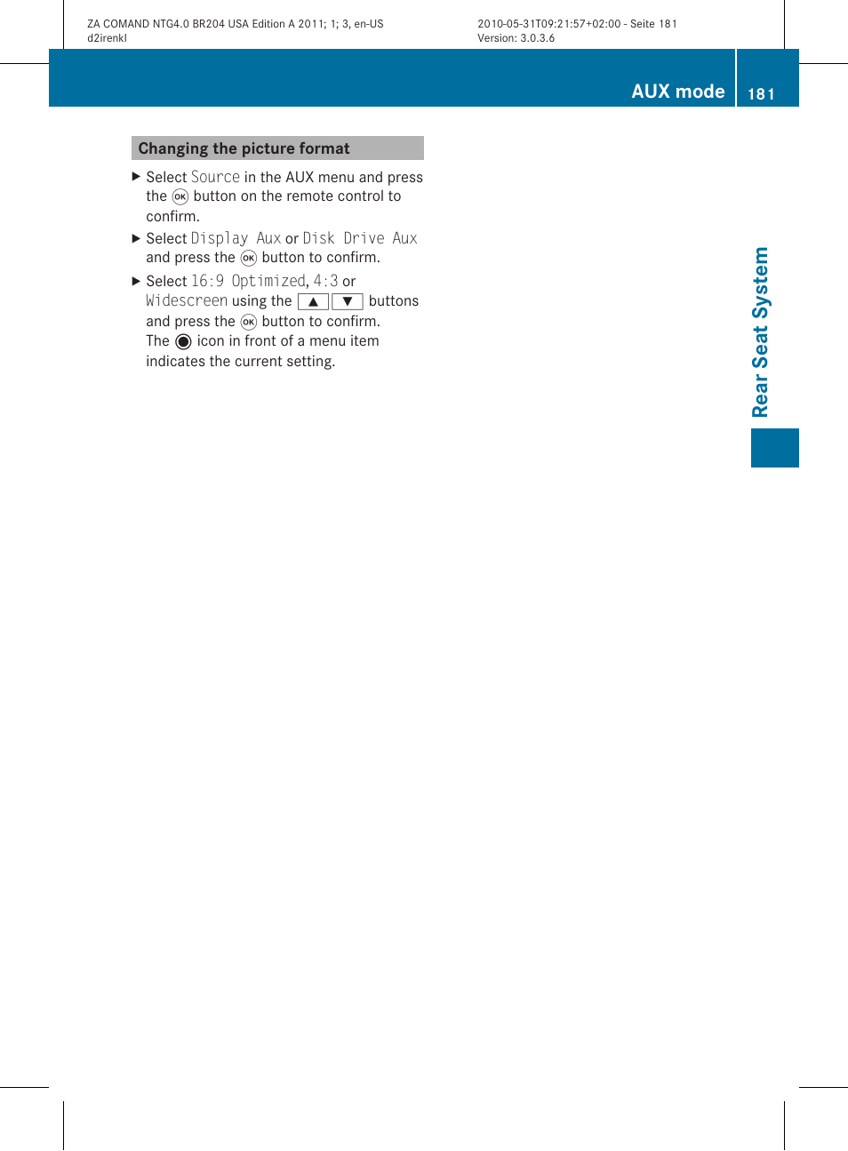 Rea rseat syst em, Aux mode | Mercedes-Benz GLK-Class 2011 COMAND Manual User Manual | Page 183 / 190