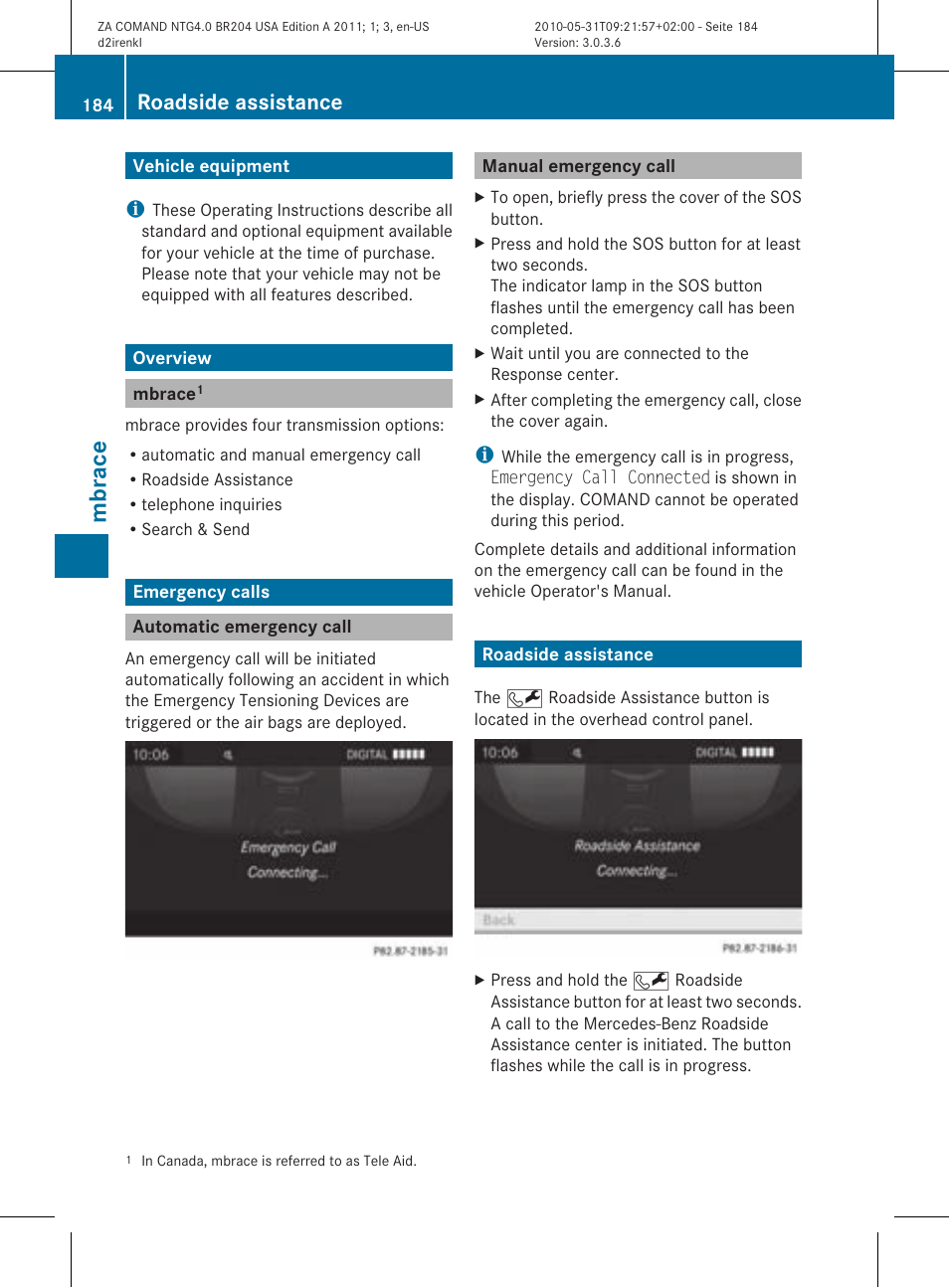 Mbr ace, Roadside assistance | Mercedes-Benz GLK-Class 2011 COMAND Manual User Manual | Page 186 / 190