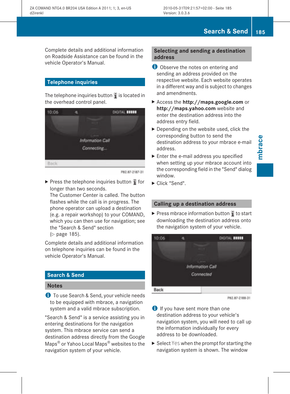 Mbra ce, Search & send | Mercedes-Benz GLK-Class 2011 COMAND Manual User Manual | Page 187 / 190