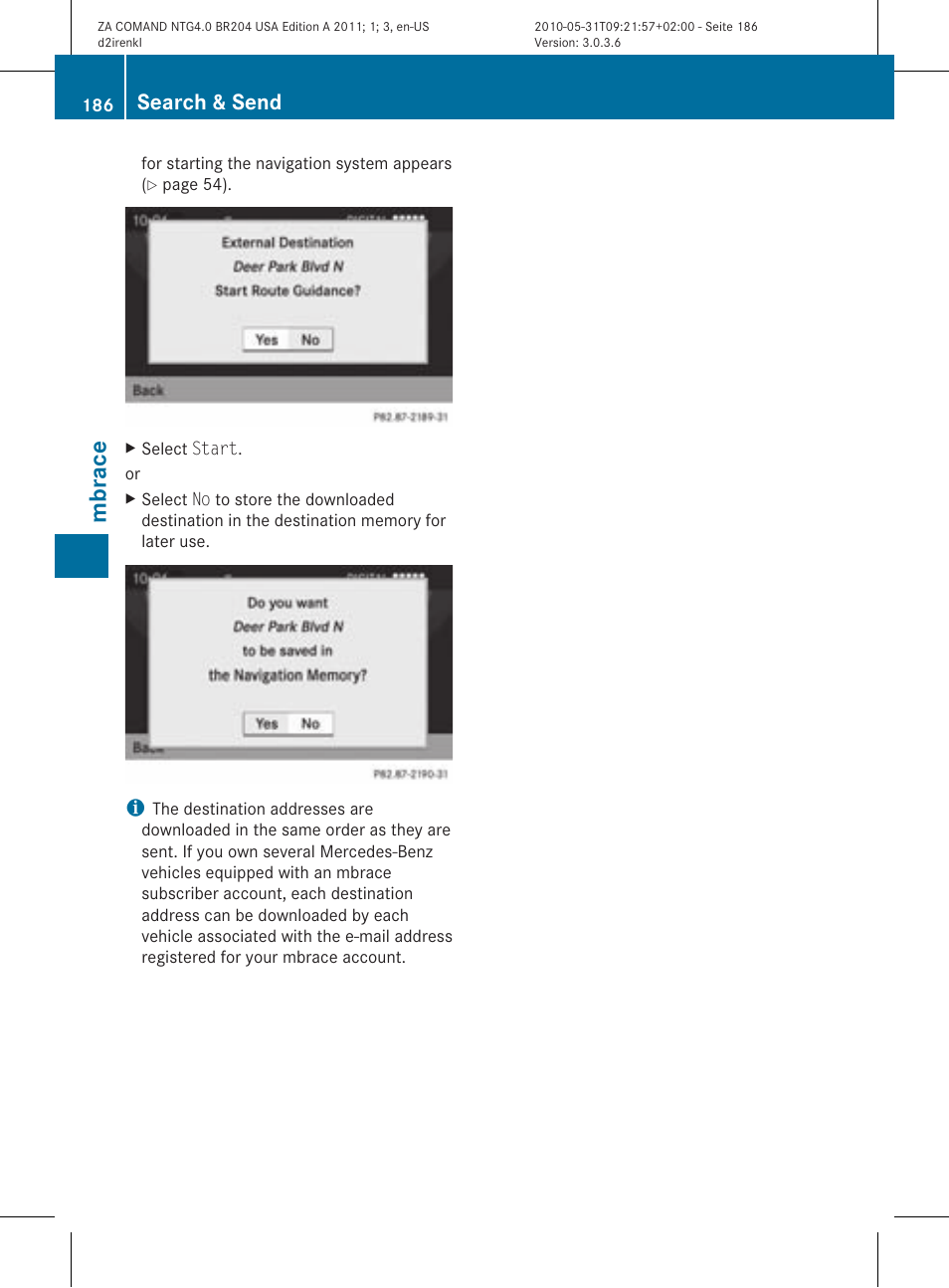 Mbra ce, Search & send | Mercedes-Benz GLK-Class 2011 COMAND Manual User Manual | Page 188 / 190