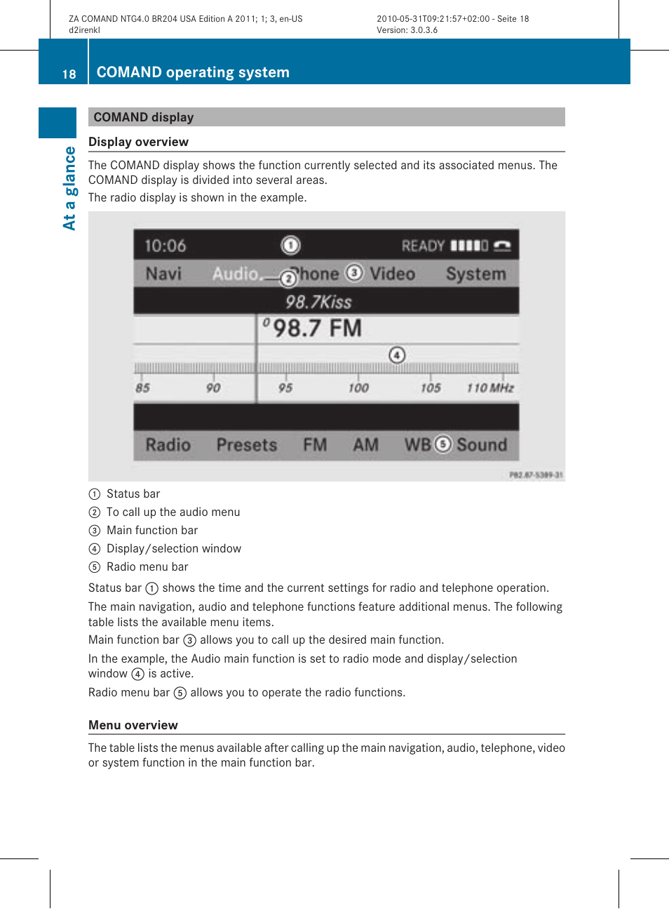 At a glanc e, Comand operating system | Mercedes-Benz GLK-Class 2011 COMAND Manual User Manual | Page 20 / 190