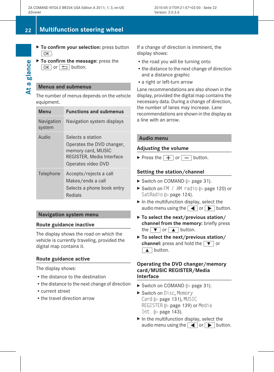 At a glan ce, Multifunction steering wheel | Mercedes-Benz GLK-Class 2011 COMAND Manual User Manual | Page 24 / 190