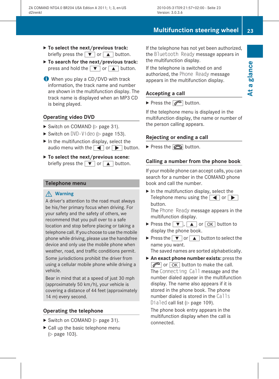 At a glance, Multifunction steering wheel | Mercedes-Benz GLK-Class 2011 COMAND Manual User Manual | Page 25 / 190