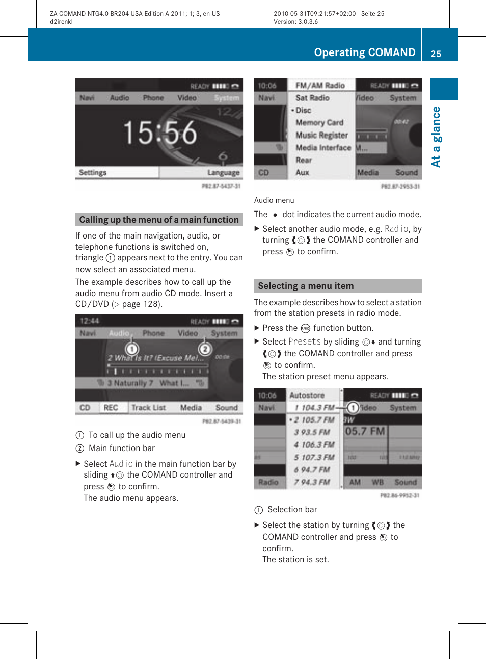 At a glanc e, Operating comand | Mercedes-Benz GLK-Class 2011 COMAND Manual User Manual | Page 27 / 190