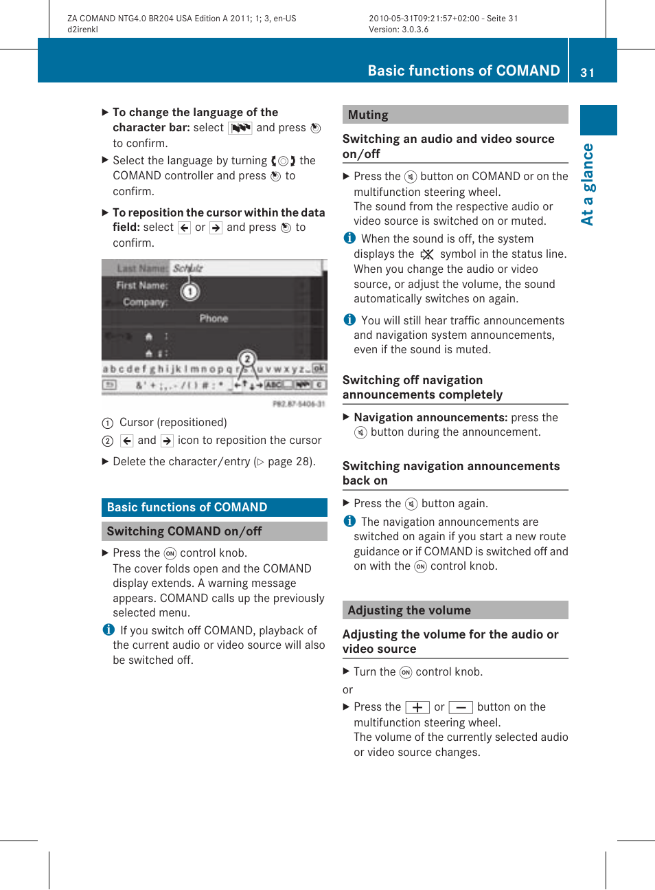At a glan ce, Basic functions of comand | Mercedes-Benz GLK-Class 2011 COMAND Manual User Manual | Page 33 / 190
