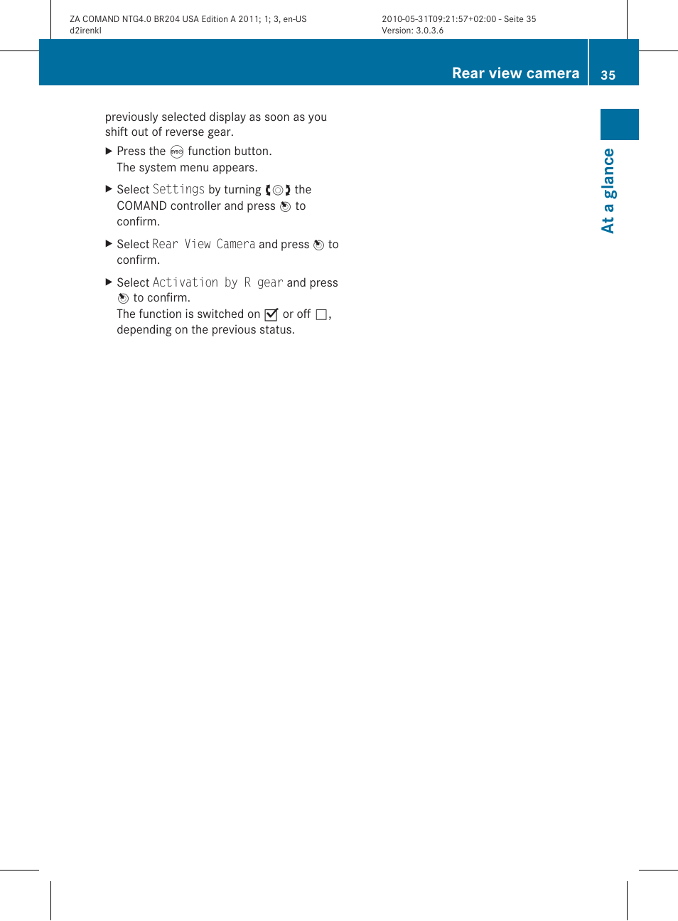 At a glance, Rear view camera | Mercedes-Benz GLK-Class 2011 COMAND Manual User Manual | Page 37 / 190