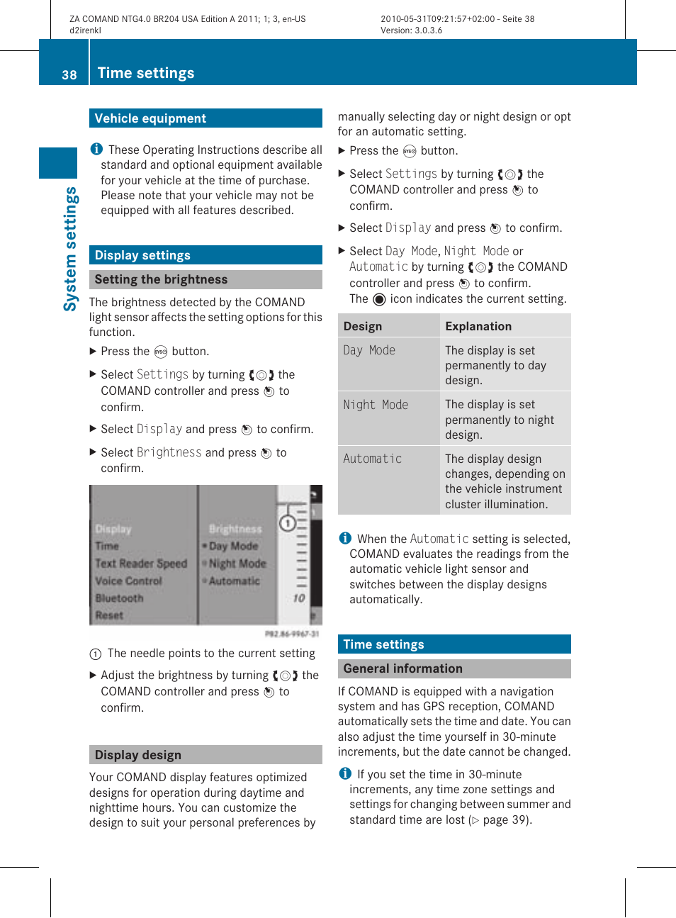 System settings, Time settings | Mercedes-Benz GLK-Class 2011 COMAND Manual User Manual | Page 40 / 190