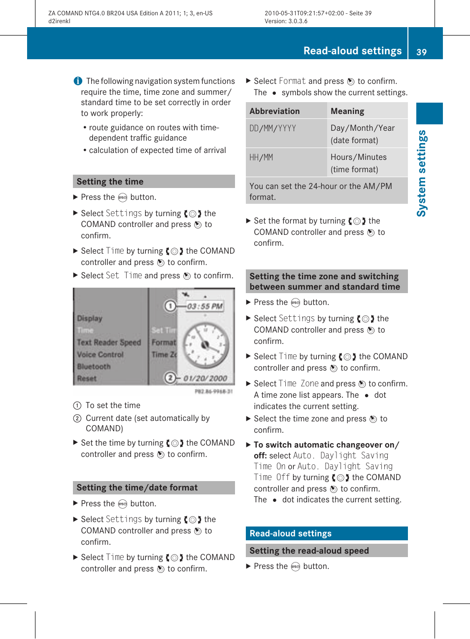 System settings, Read-aloud settings | Mercedes-Benz GLK-Class 2011 COMAND Manual User Manual | Page 41 / 190
