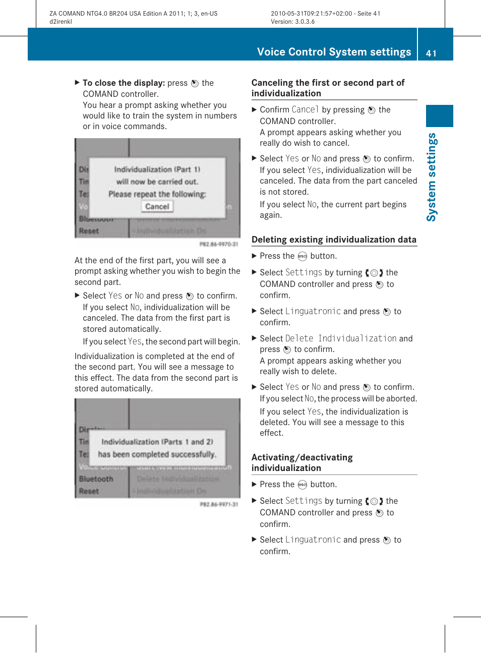 System settings, Voice control system settings | Mercedes-Benz GLK-Class 2011 COMAND Manual User Manual | Page 43 / 190