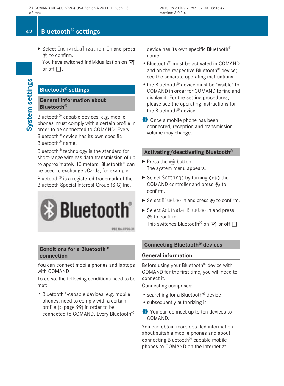 System settings, Bluetooth, Settings | Mercedes-Benz GLK-Class 2011 COMAND Manual User Manual | Page 44 / 190