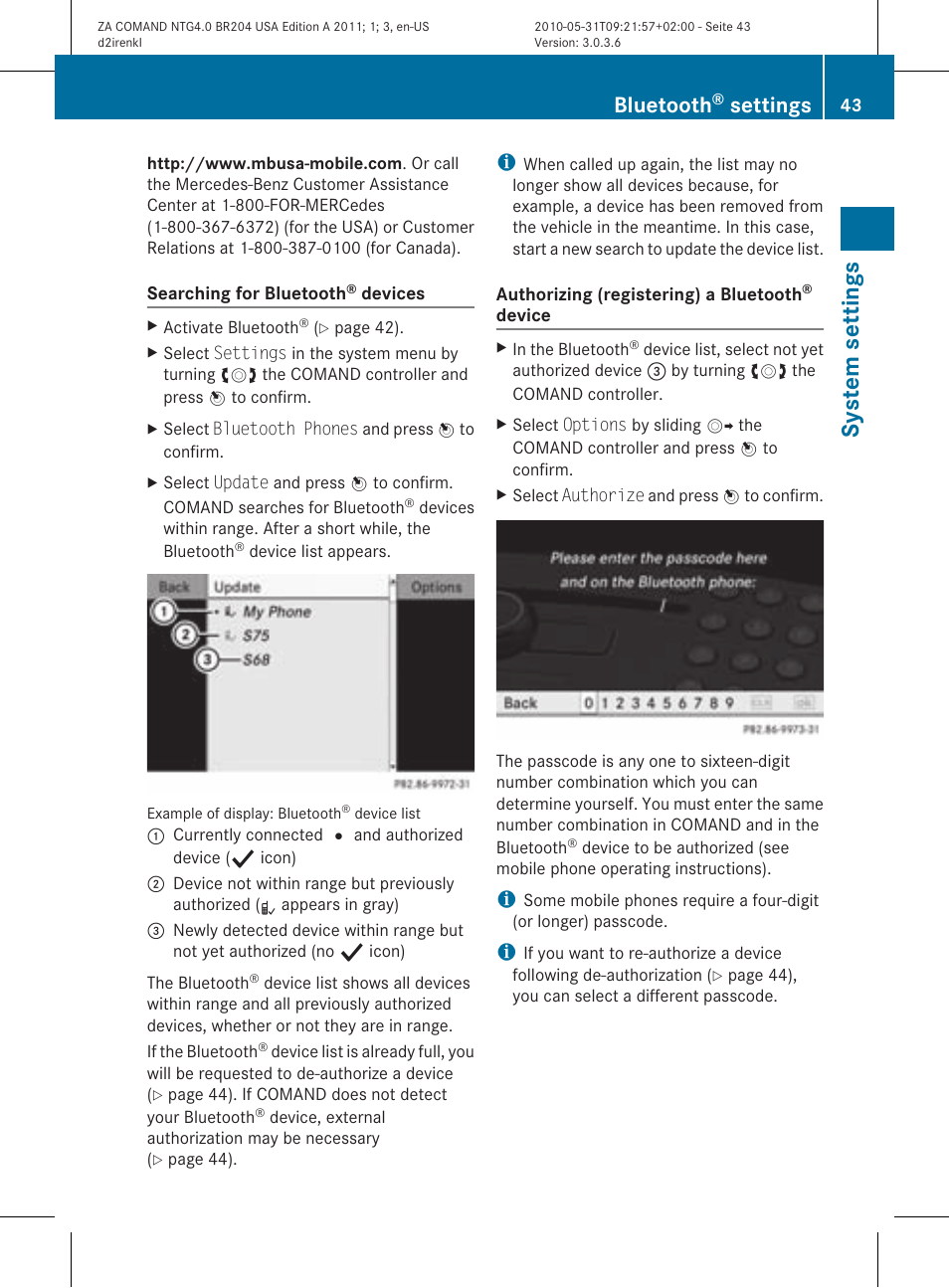 System settings, Bluetooth, Settings | Mercedes-Benz GLK-Class 2011 COMAND Manual User Manual | Page 45 / 190