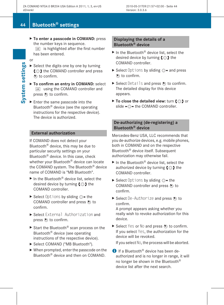 System settings, Bluetooth, Settings | Mercedes-Benz GLK-Class 2011 COMAND Manual User Manual | Page 46 / 190