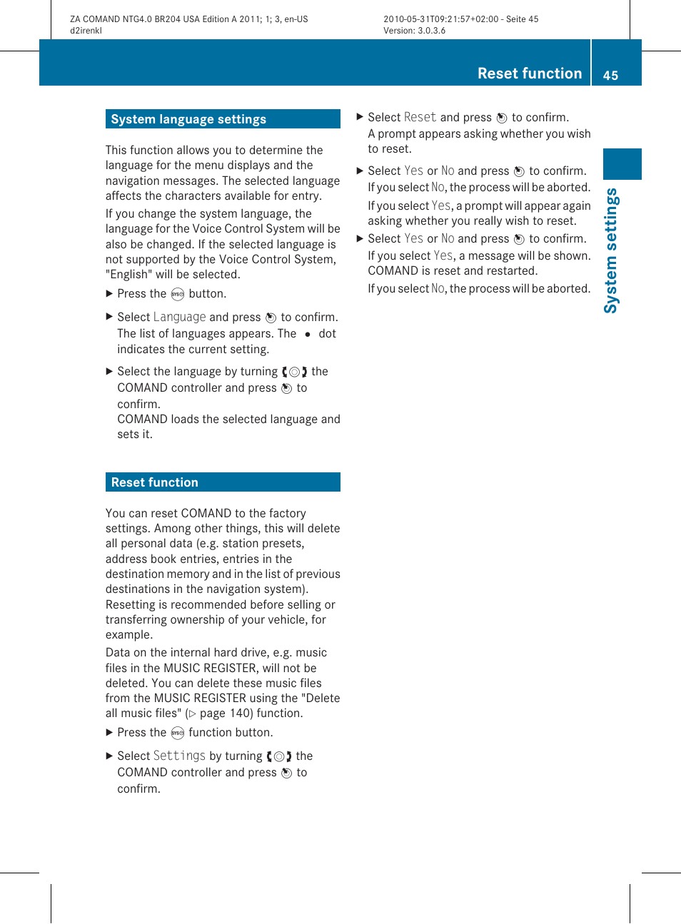 System settings, Reset function | Mercedes-Benz GLK-Class 2011 COMAND Manual User Manual | Page 47 / 190