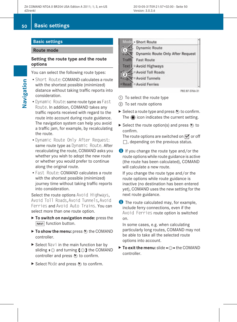 Na vigation, Basic settings | Mercedes-Benz GLK-Class 2011 COMAND Manual User Manual | Page 52 / 190