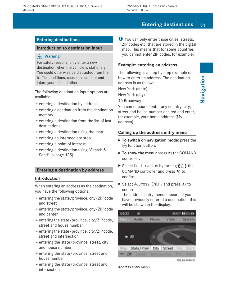 Na vigation, Entering destinations | Mercedes-Benz GLK-Class 2011 COMAND Manual User Manual | Page 53 / 190