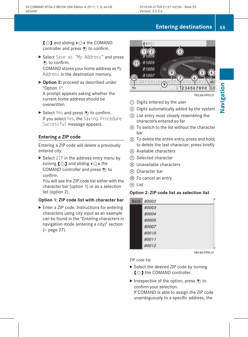 Navigat ion, Entering destinations | Mercedes-Benz GLK-Class 2011 COMAND Manual User Manual | Page 57 / 190