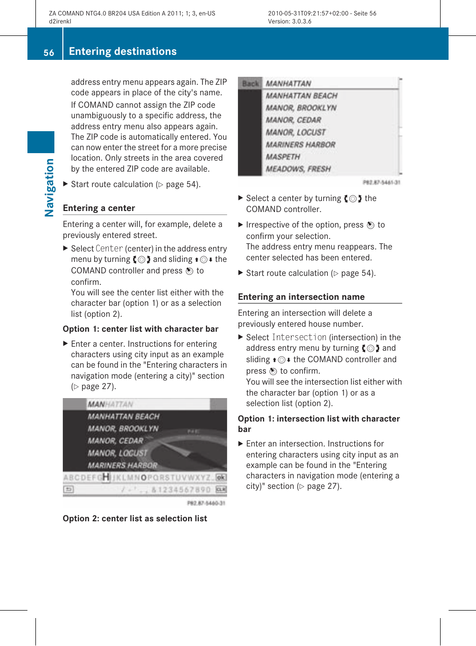 Na vigat ion, Entering destinations | Mercedes-Benz GLK-Class 2011 COMAND Manual User Manual | Page 58 / 190