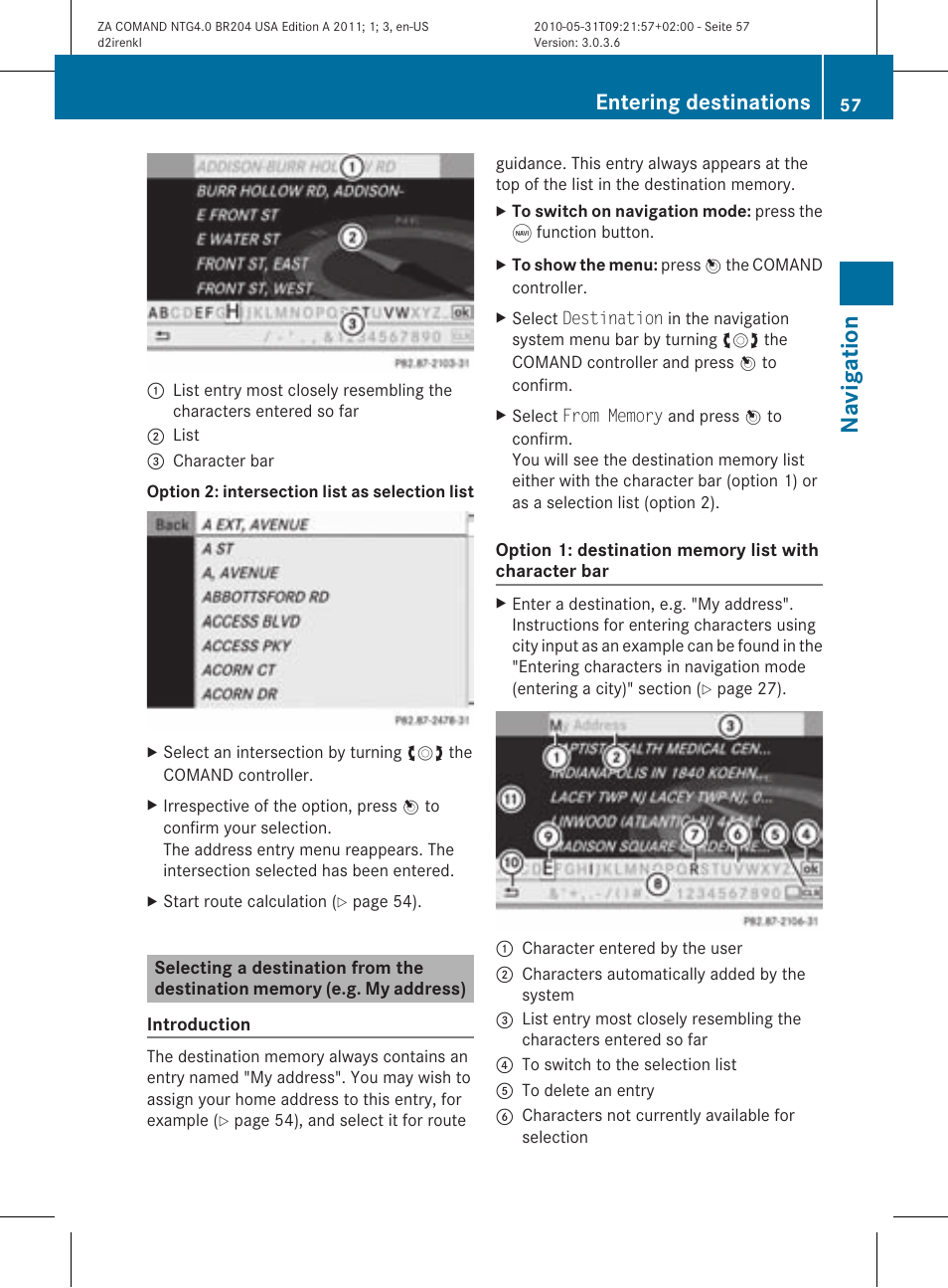 Na vigat ion, Entering destinations | Mercedes-Benz GLK-Class 2011 COMAND Manual User Manual | Page 59 / 190