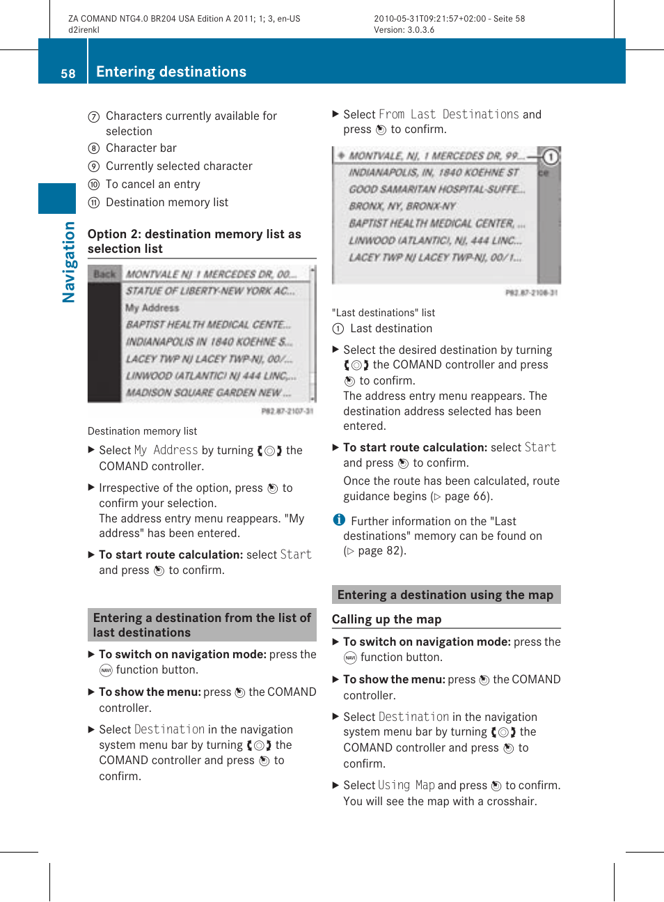 Navigatio n, Entering destinations | Mercedes-Benz GLK-Class 2011 COMAND Manual User Manual | Page 60 / 190