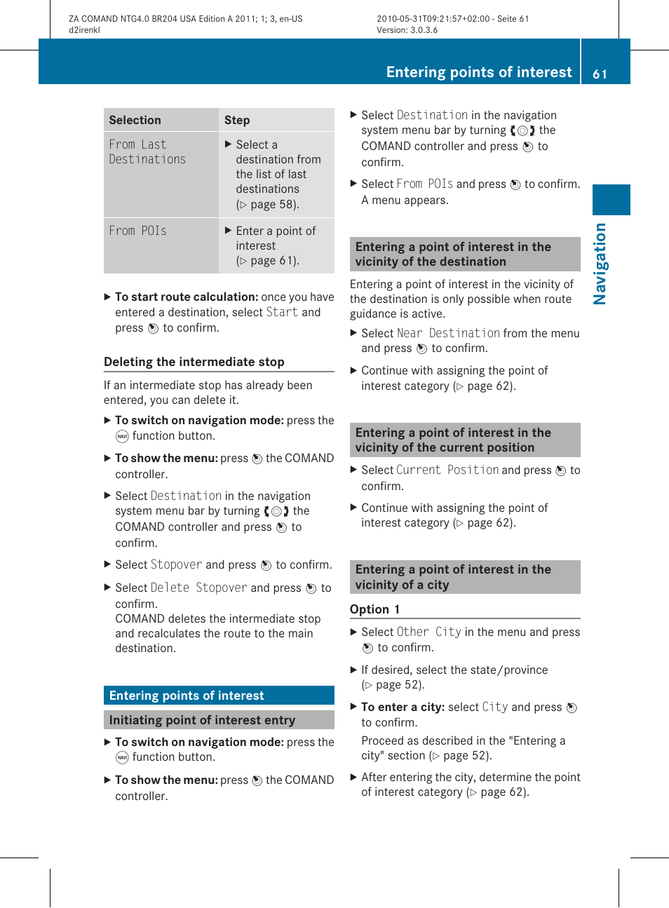 Navigat ion, Entering points of interest | Mercedes-Benz GLK-Class 2011 COMAND Manual User Manual | Page 63 / 190