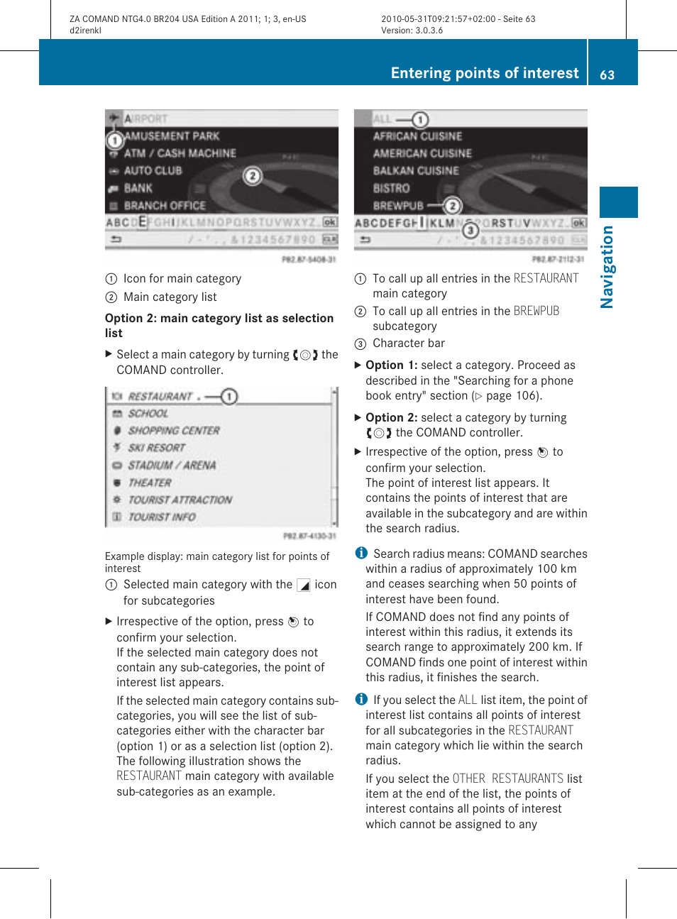Navigat ion, Entering points of interest | Mercedes-Benz GLK-Class 2011 COMAND Manual User Manual | Page 65 / 190