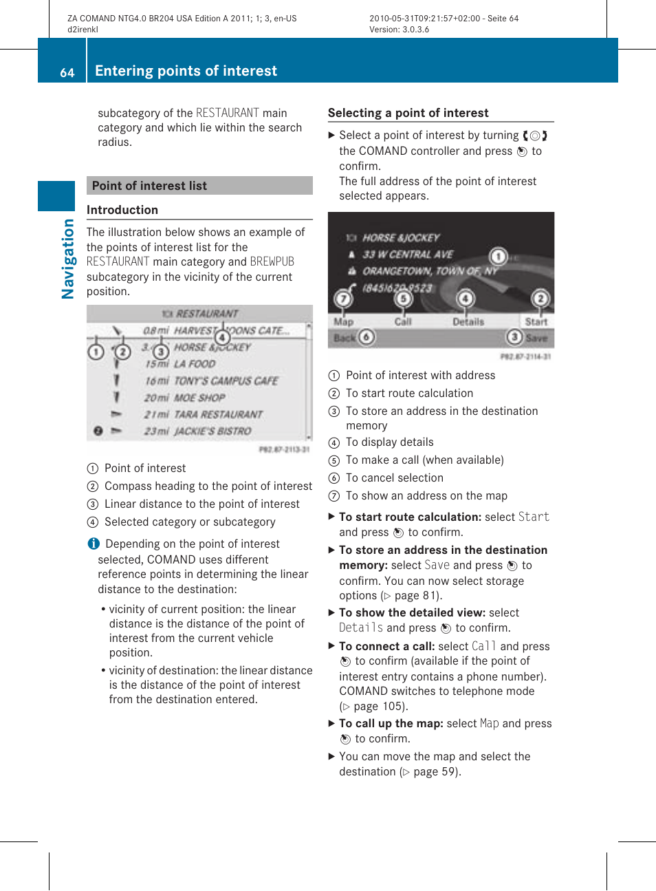 Navigatio n, Entering points of interest | Mercedes-Benz GLK-Class 2011 COMAND Manual User Manual | Page 66 / 190
