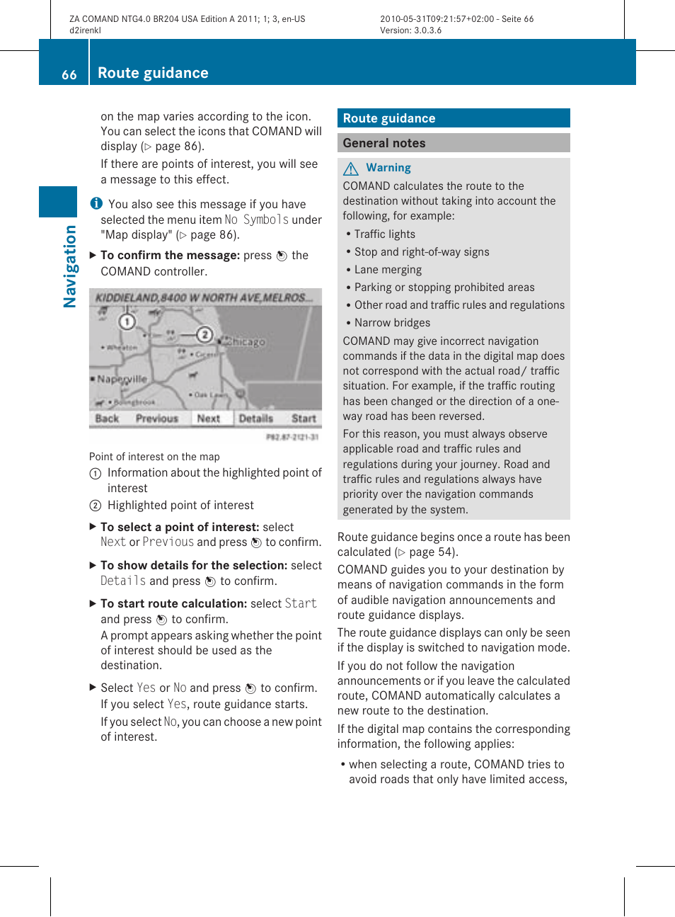 Na vigation, Route guidance | Mercedes-Benz GLK-Class 2011 COMAND Manual User Manual | Page 68 / 190