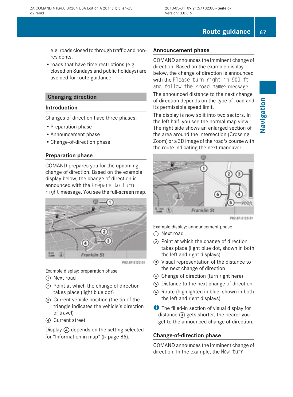 Navigat ion, Route guidance | Mercedes-Benz GLK-Class 2011 COMAND Manual User Manual | Page 69 / 190