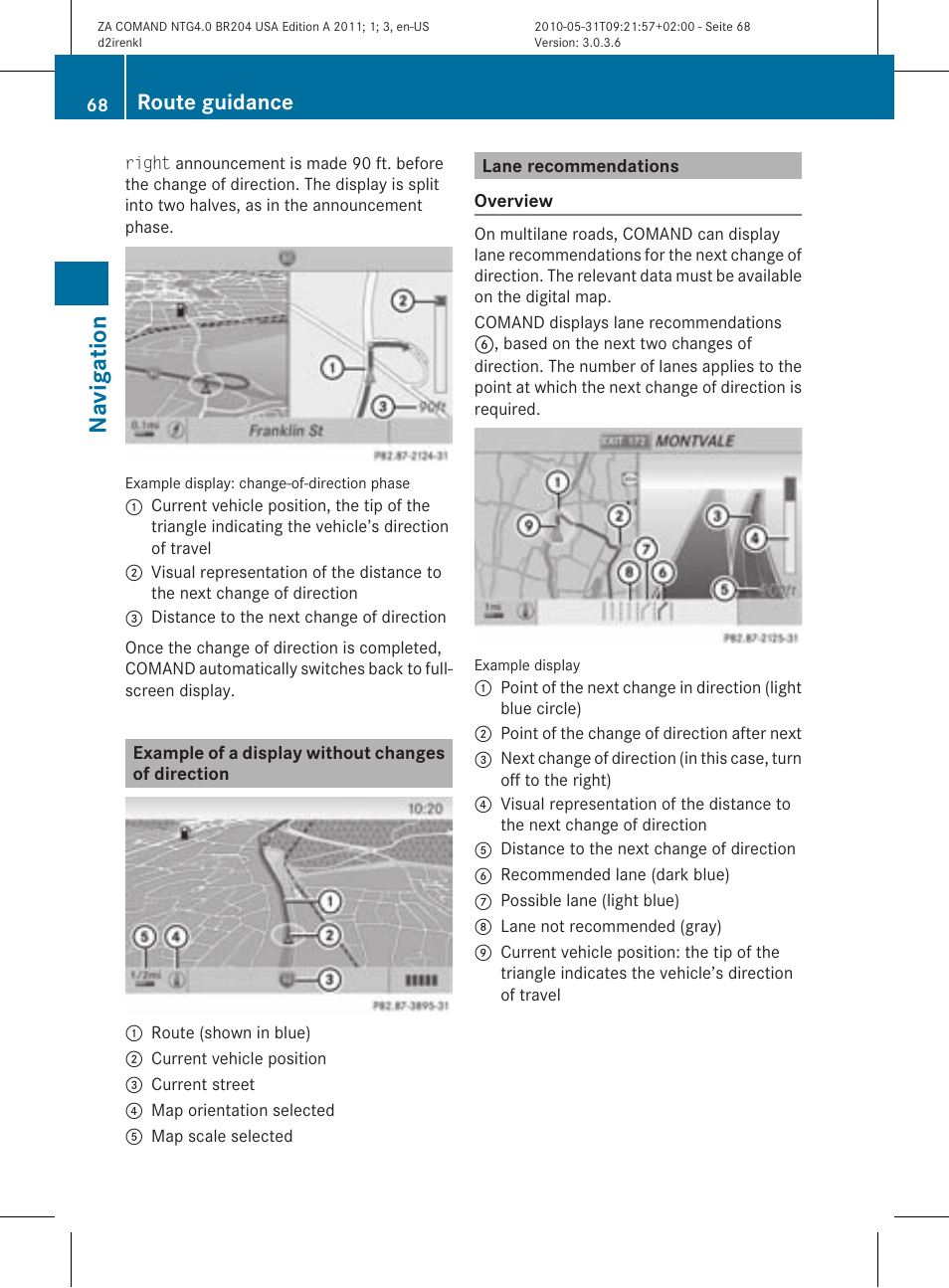 Navigat ion, Route guidance | Mercedes-Benz GLK-Class 2011 COMAND Manual User Manual | Page 70 / 190