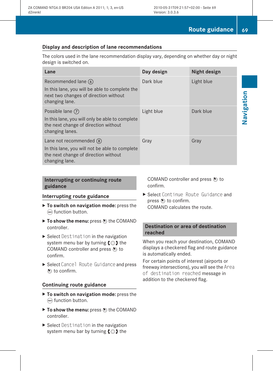 Navigat ion, Route guidance | Mercedes-Benz GLK-Class 2011 COMAND Manual User Manual | Page 71 / 190